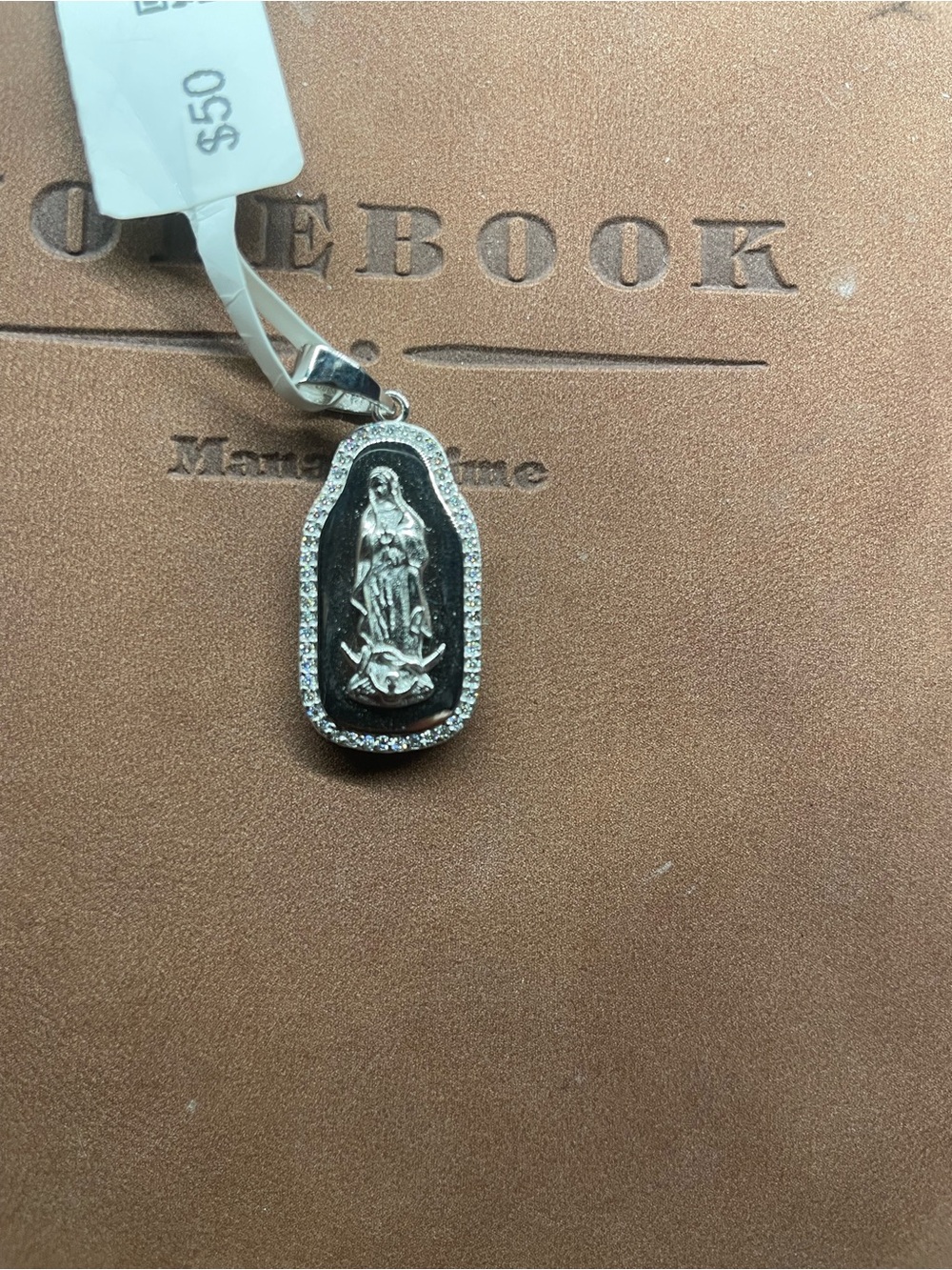Sterling-Style Black Virgin Mary Pendant with CZ Frame